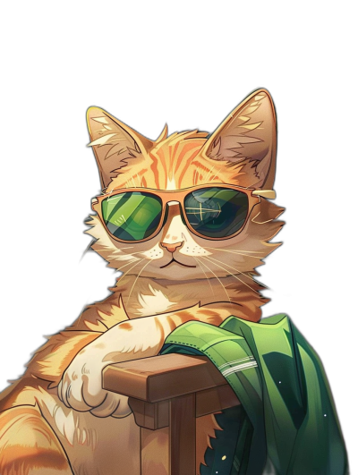 digital art of cute and fat orange cat , wear sunglasses with green shirt, black background , wearing white collar an gold fur