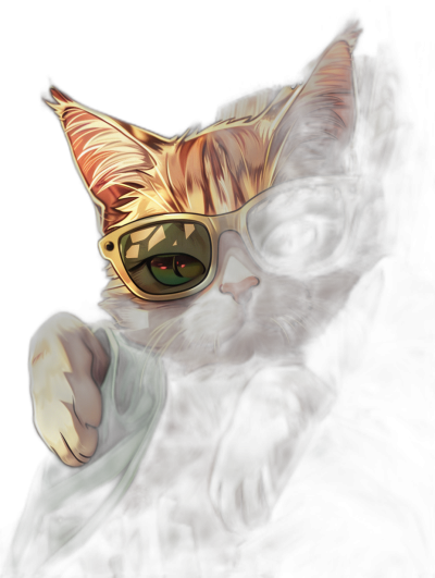 A cat with green eyes and aviator glasses, pointing at you from the shadows, in the style of digital art.