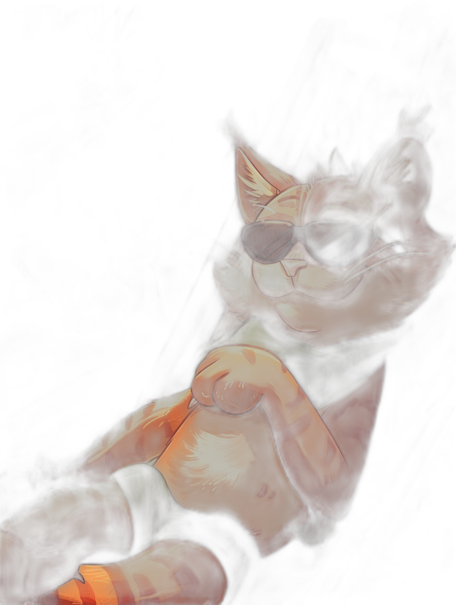 A full body of an orange and white striped cat wearing sunglasses, laying down in the dark. The digital art is in the style of brush strokes, with a cute, cartoonish and colorful style.