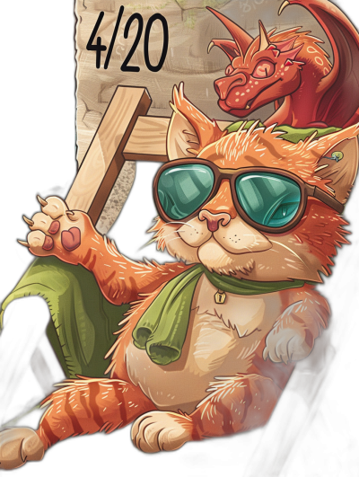 A cartoon cat with sunglasses and a green scarf, holding up the text "4/20", sitting next to an orange dragon in the style of Hearthstone card art illustration, holding a wood cross signet.