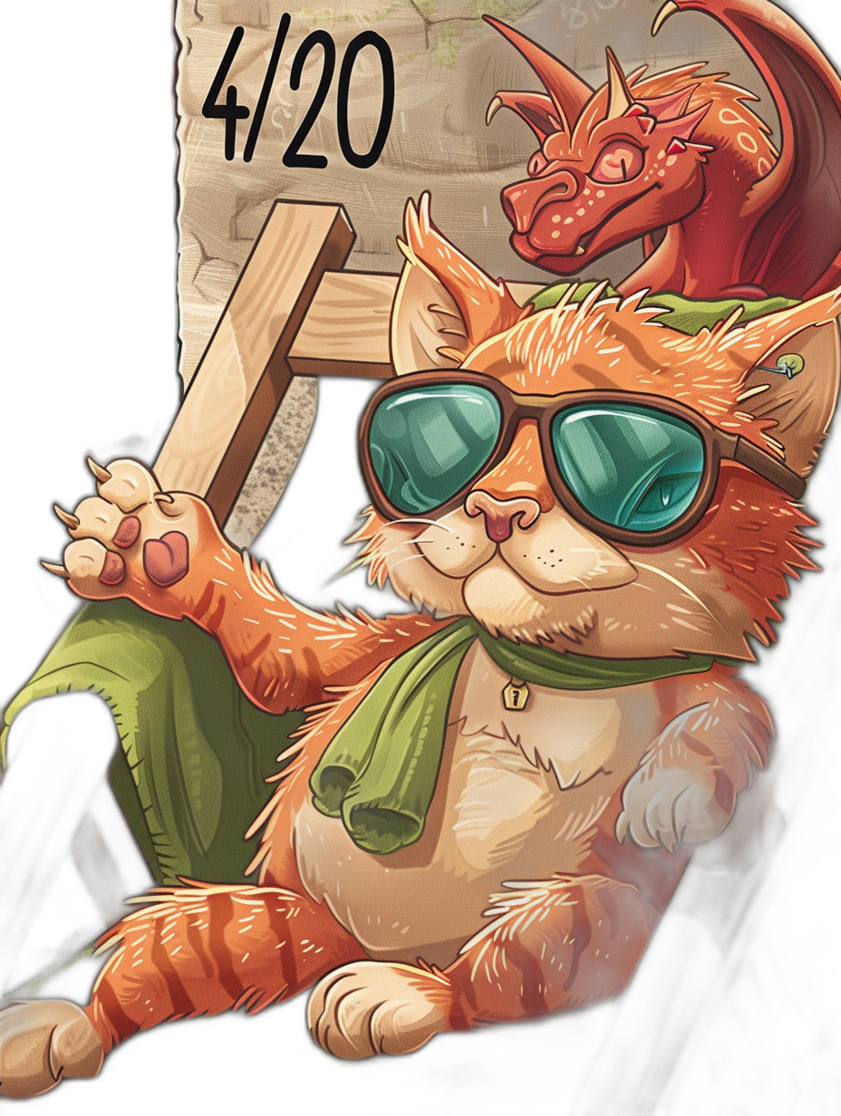 A cartoon cat with sunglasses and a green scarf, holding up the text “4/20”, sitting next to an orange dragon in the style of Hearthstone card art illustration, holding a wood cross signet.