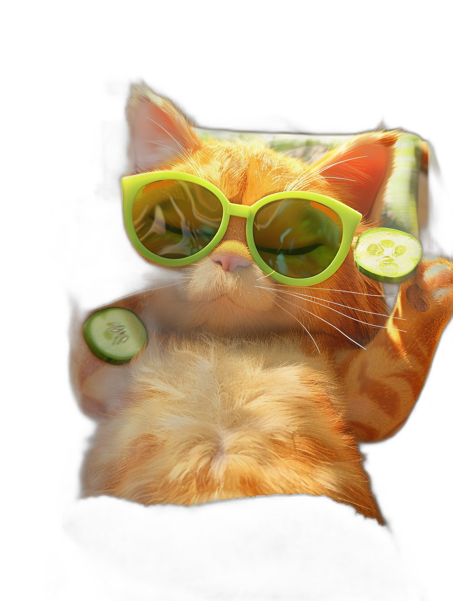 A cute orange cat is lying on the sofa with green sunglasses and cucumber in its hand, funny expression, black background, anthropomorphic style, real photography, high definition details