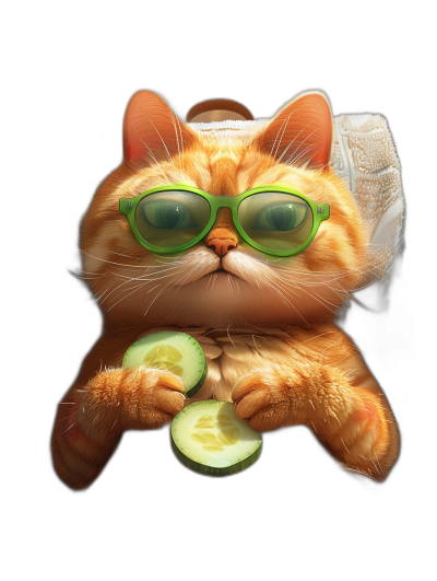 A ginger cat with green glasses is lying on his back, wearing an towel around the head and holding cucumber slices in front of its eyes to cool down for beauty care. Black background. Pixar style. The cat's fur texture features soft light, bright colors, and cute expressions. A high-quality digital art piece.,,in