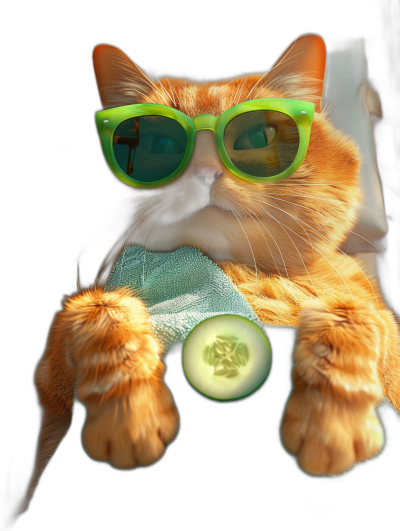 A photo of an orange cat wearing green sunglasses, lying on the sofa with one cucumber in its hand and holding it to cool down. The background is black. High definition photography photos, high resolution details, high detail, ultra-high quality,