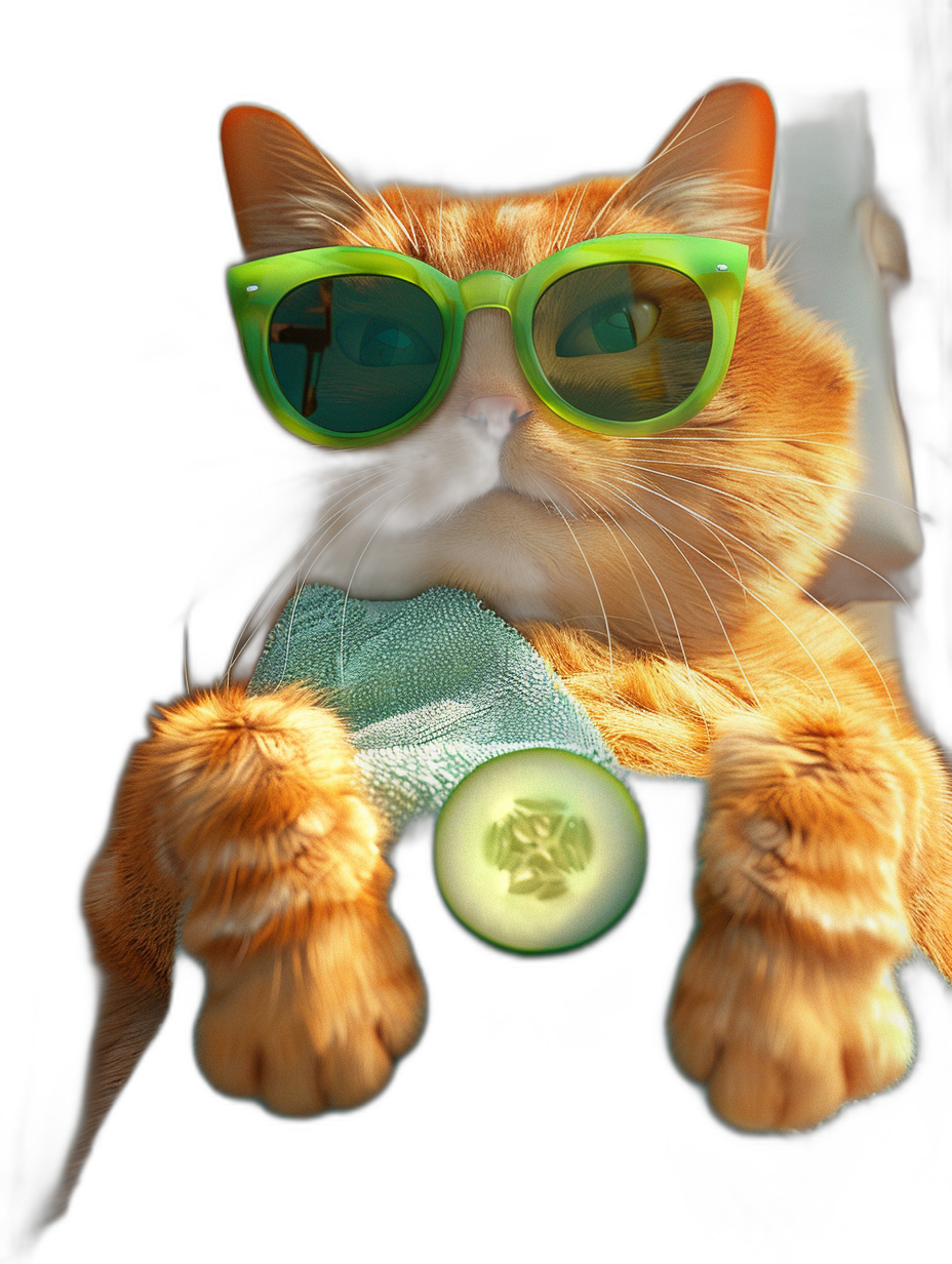 A photo of an orange cat wearing green sunglasses, lying on the sofa with one cucumber in its hand and holding it to cool down. The background is black. High definition photography photos, high resolution details, high detail, ultra-high quality,