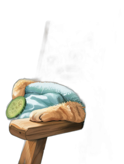 digital art of an adorable and fluffy cat sleeping on the edge with one paw holding a cucumber, covered in the style of blue blanket, sitting on a wooden stool, black background, in the style of cartoon style, simple drawing, cute, digital painting, low angle shot, side view