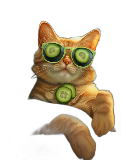 Illustration of an orange cat with cucumber slices on his eyes, wearing sunglasses and sitting on a black background. The digital art is high resolution with high details and is in the style of fantasy art.