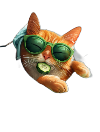 digital art of cute and fat orange cat , wearing sunglasses with cucumber in its mouth , black background, chill expression , one leg up