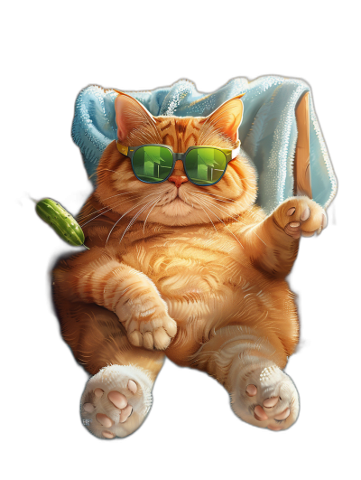 digital art of cool fat orange cat , wearing sunglasses and blanket on head, holding one Cucumber in hand with pose like sitting at spa, black background , cute and funny