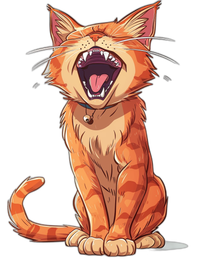 An cartoon illustration of an orange cat laughing, in the vector art style, t-shirt design graphic, with ultra detailed artwork, isolated on a black background