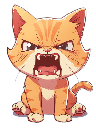 A cute cartoon cat with an angry expression and open mouth showing teeth. The illustration is in a vector style. Black background. Full body portrait. It should have a chubby face and be sitting on the ground. There will also be two paws per leg, which can make it look like it wants to dance or play.