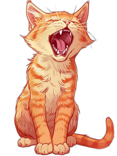 vector art, cute orange cat laughing and howling with its mouth open, t-shirt design graphic, ultra detailed, isolated on black background