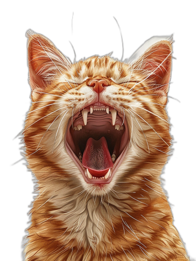 realistic digital illustration of cat with mouth open and showing teeth, ginger tabby, pure black background,