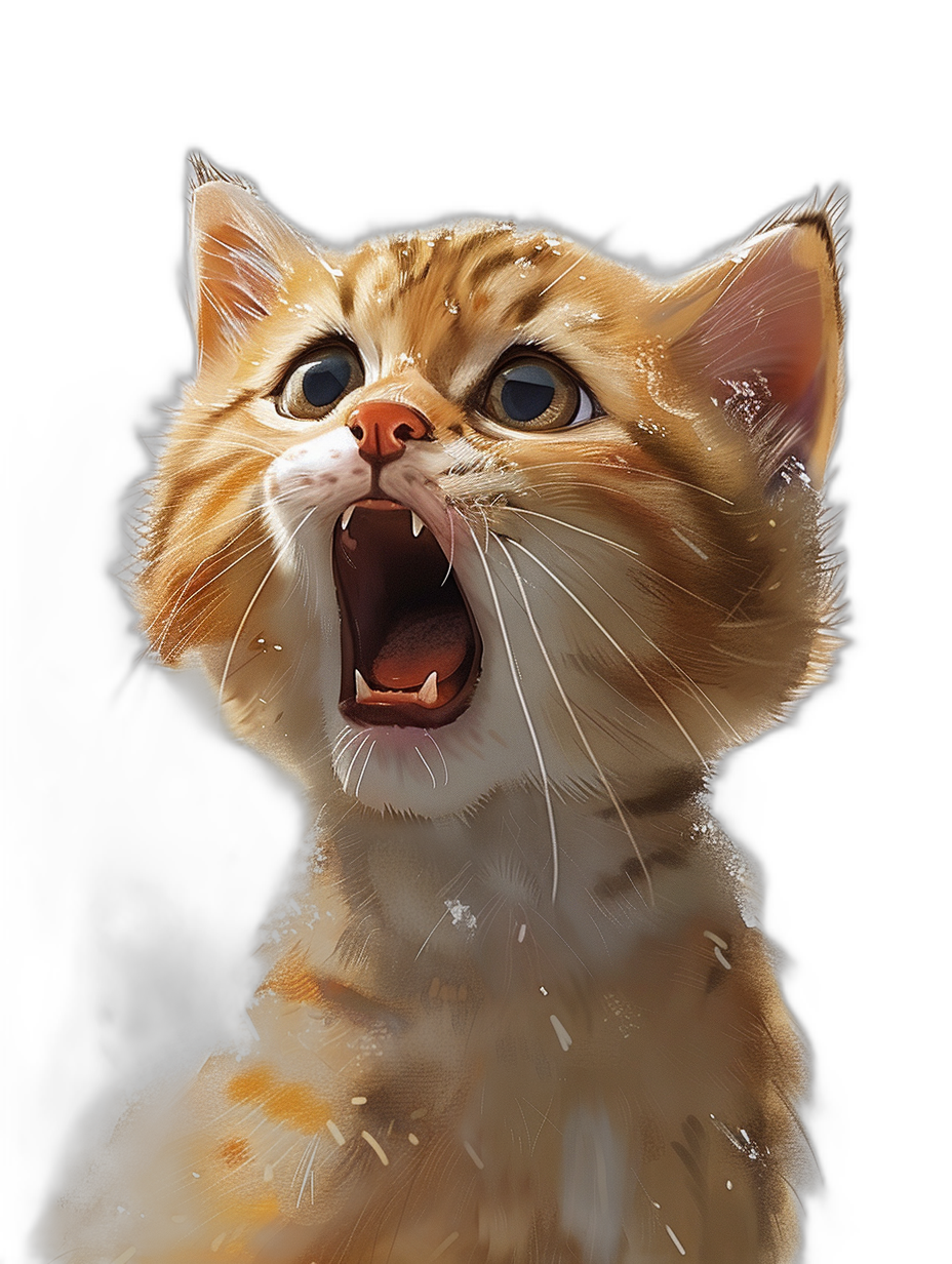 digital art of cute kitten , shouting with mouth open, black background, digital painting, fantasy style