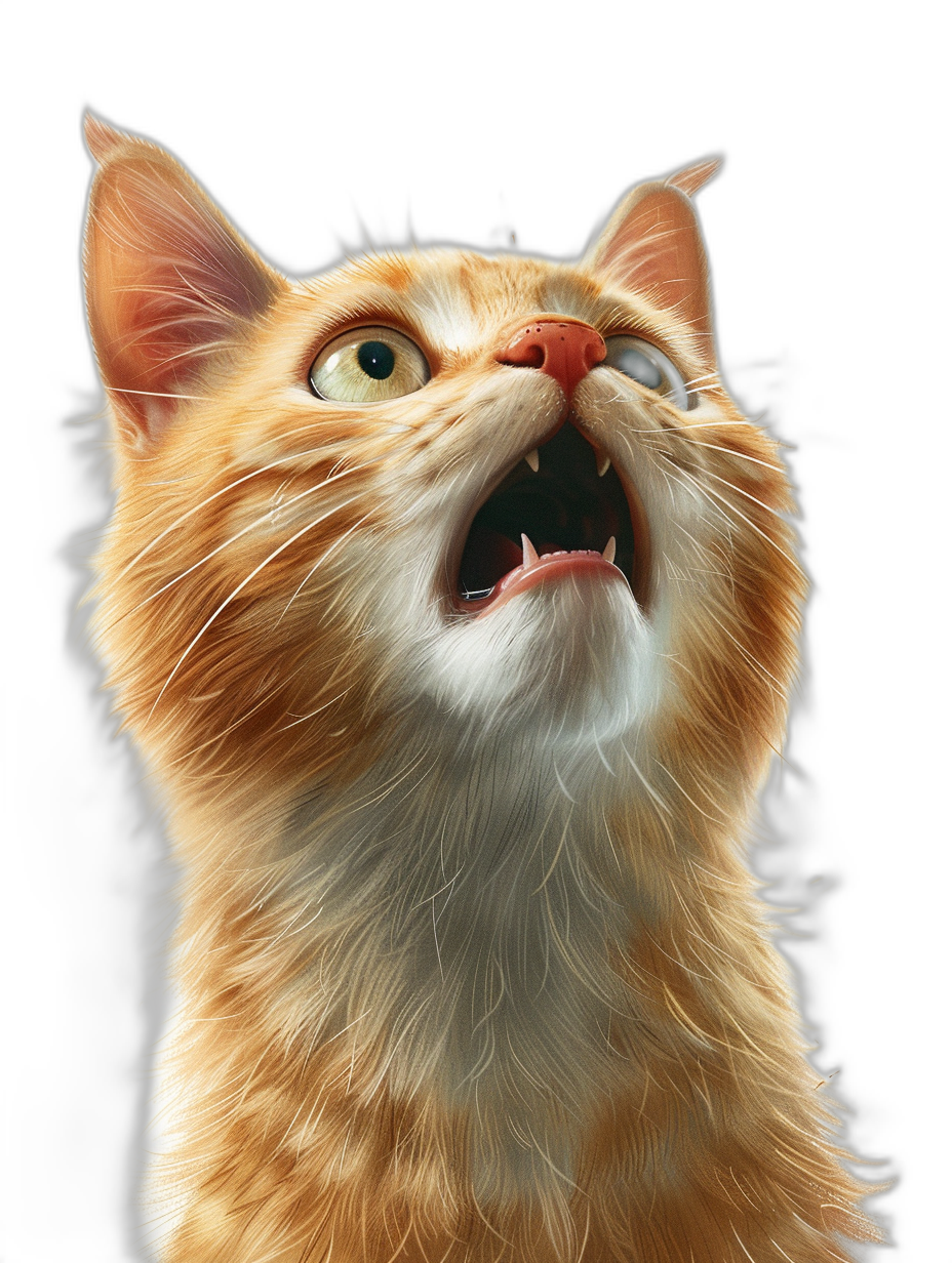 a ginger cat looking up and screaming, photorealistic, black background, high detail