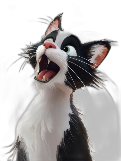 A black and white cat with its mouth open, in the style of Disney Pixar, cartoon character design, digital art, high resolution, hyper-realistic, wide angle shot, black background, playful expression, cute fur details.