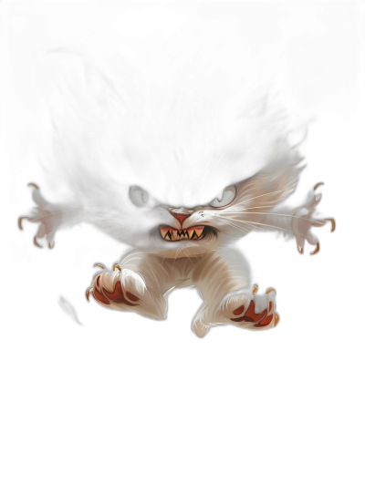 G Plit atmospheric cartoon, the black background with the cute cat jumping out of darkness with his claws extended in front view, sharp fangs showing and white fur on body. In the style of Bill Watson.