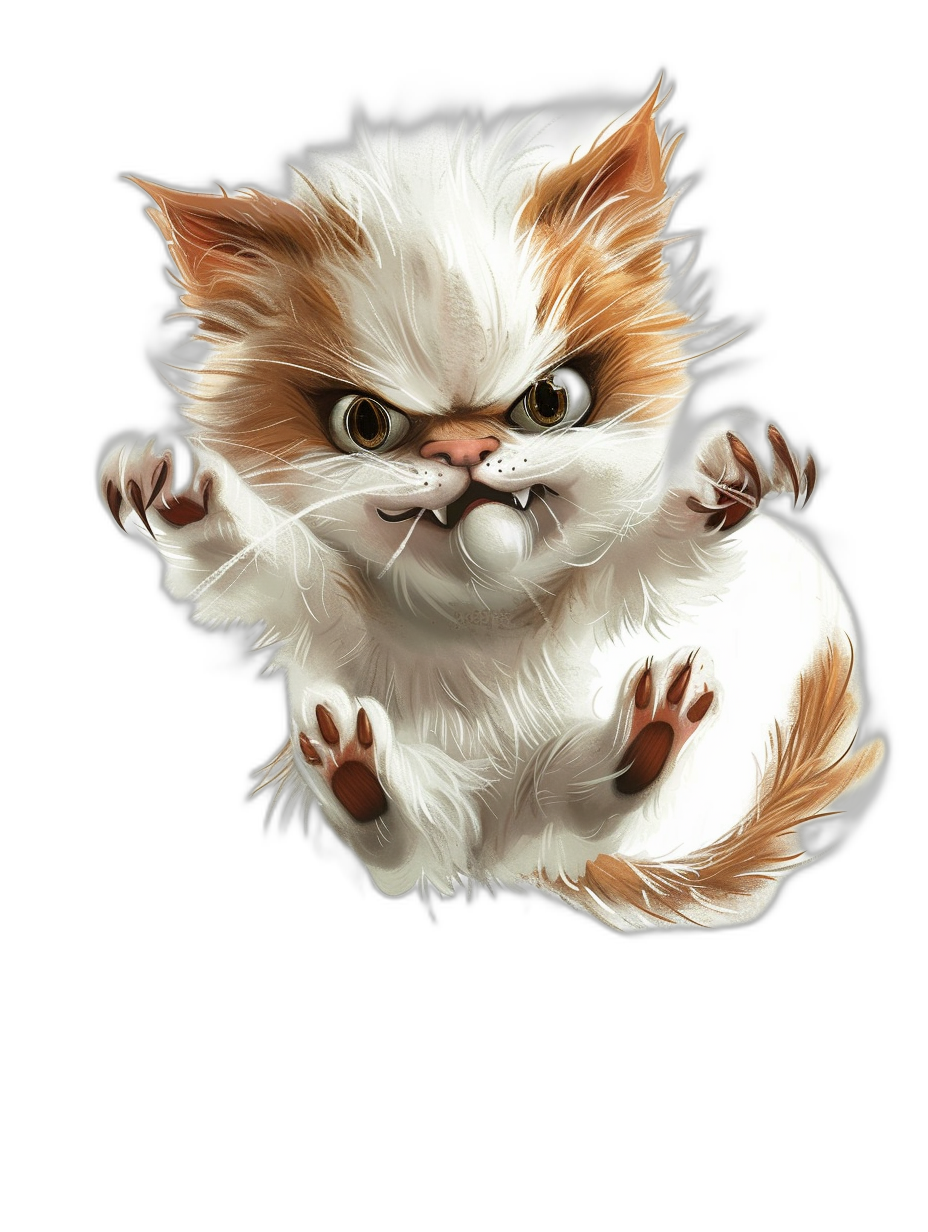 realistic digital illustration of an angry cute white and brown cat, jumping in the air with two paws outstretched, black background, front view, close up portrait