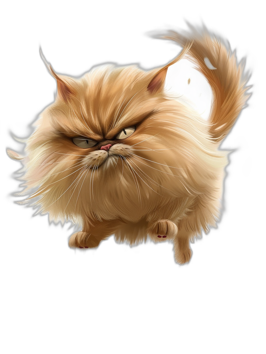 realistic digital illustration of an angry cat jumping, fluffy fur, black background, character design, cute and adorable in the style of a Persian cat