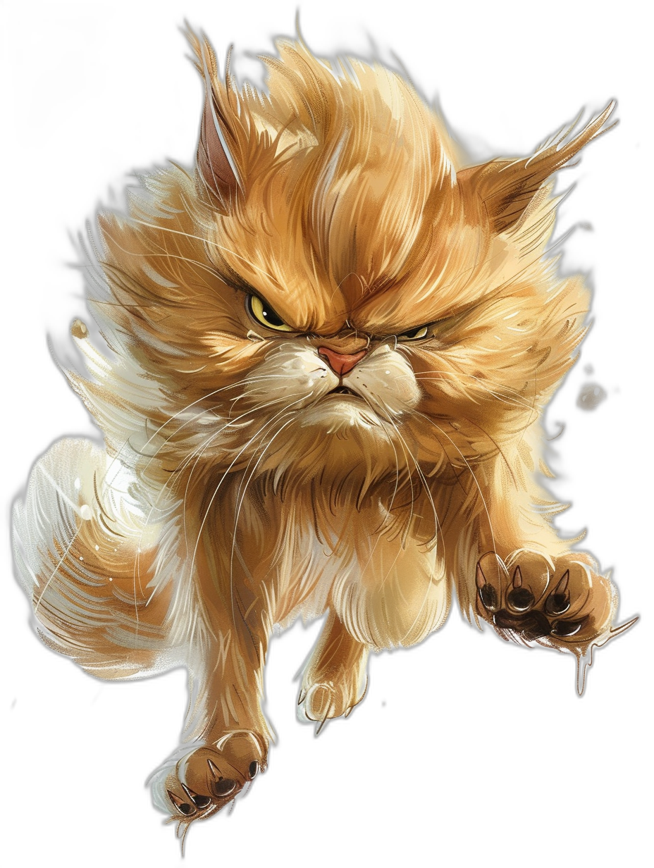 An angry ginger cat with white fur jumping at the camera in the style of [Artgerm](https://goo.gl/search?artist%20Artgerm) and [Akihiko Yoshida](https://goo.gl/search?artist%20Akihiko%20Yoshida) on a black background, concept art for an rpg video game.