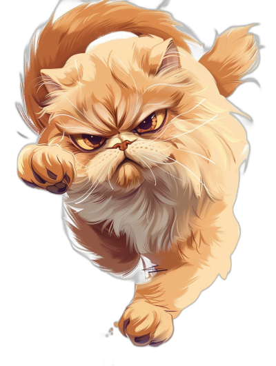 cartoon style drawing of an angry persian cat, jumping towards the viewer, isolated on a black background, full body, cute, in the style of chibi anime, vector design, epic perspective, digital painting, artstation trending, high detail, perfect lines, clean sharp focus, professional illustration, studio photography, hyperrealistic