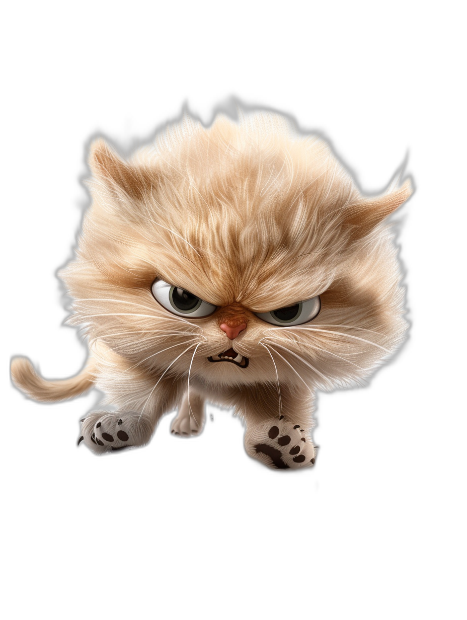 character design of a cute fluffy furry kitten with an angry face, running in front view on a black background, in the style of Pixar