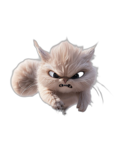 Furry cat with an angry expression flying through the air, black background, in the style of Pixar, cute cartoon character, white fur and eyes, furry body, white tail, flying pose, cute and adorable, high definition photography, super detailed, super resolution