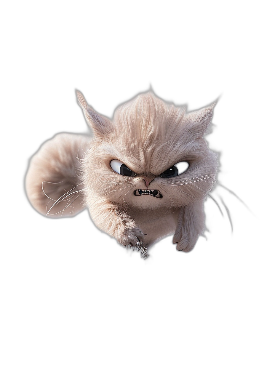 Furry cat with an angry expression flying through the air, black background, in the style of Pixar, cute cartoon character, white fur and eyes, furry body, white tail, flying pose, cute and adorable, high definition photography, super detailed, super resolution