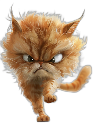 angry cute persian cat running in the style of mad magazine's style, isolated full body shot on a black background