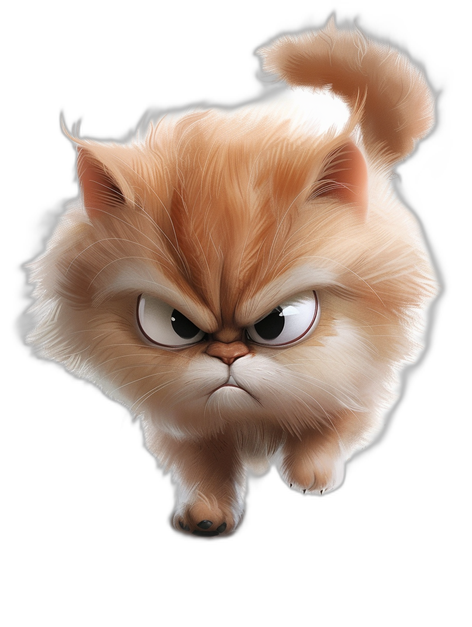 Illustration of an angry Persian cat with a cute face, running in front view on a black background, in the style of Disney Pixar.