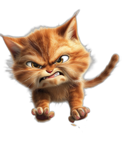 Front view of an angry ginger cat cartoon character in the style of Pixar, jumping on a black background. The cartoon uses an art style trending on Behance with high resolution, high detail, and high quality definition.