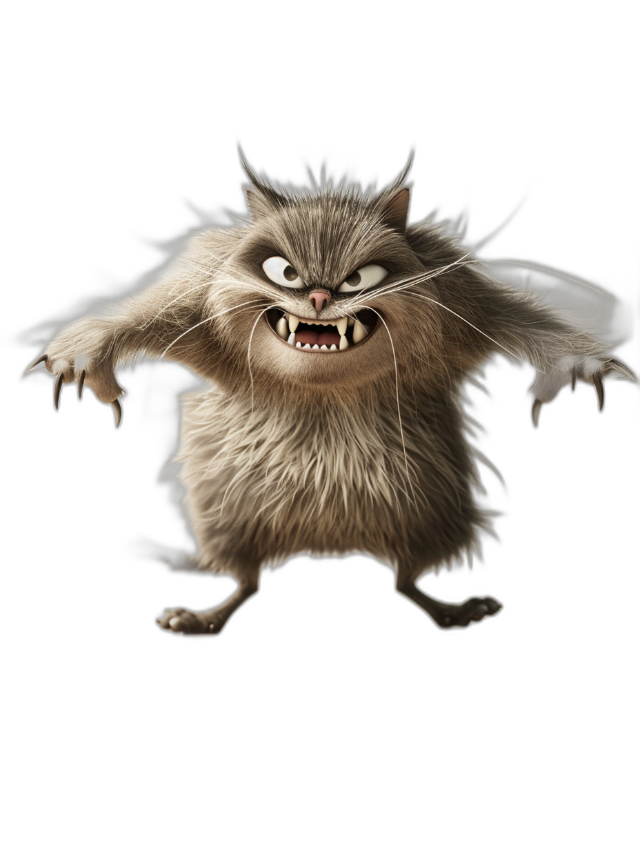 A full body photograph of an angry cat monster in the style of Pixar, on a black background, high resolution, high detail, realistic, funny, cute, full-body, wide angle, smooth skin, smooth hair, with no shadows from the light source.