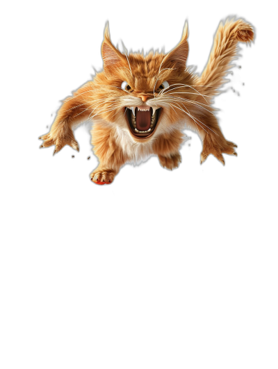 front view of an angry ginger cat flying, black background, hyper realistic photo realism