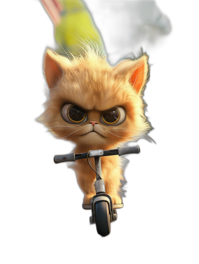 3D cartoon, happy cute cat riding an electric scooter with angry eyes looking at the camera, in the style of Pixar character on black background, adorable, high resolution, ultra realistic and cinematic feel, high definition