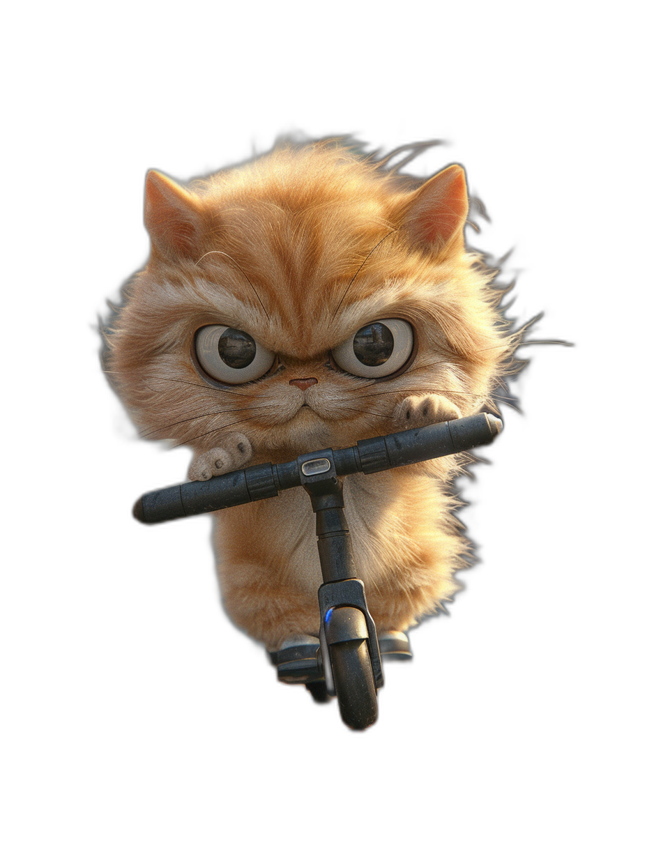 cute fluffy cat riding an electric scooter on a black background, 3d render in the style of a cartoon, in the style of Disney Pixar with cute big eyes and long eyelashes in a cute pose and a happy face