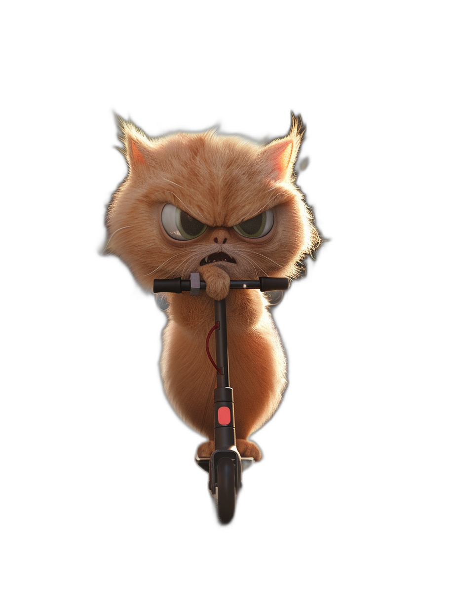 Cute cat riding electric scooter with an angry expression on a black background, in the style of Pixar, 3D rendered with octane in high resolution and high quality.