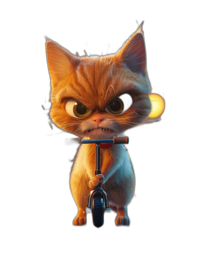 A cute orange cat with big eyes, holding an electric scooter in its mouth, standing upright on the ground against a black background, rendered in the style of Pixar with 3D modeling, bright and soft lighting, high saturation, and a close-up shot of the character with exaggerated expressions.