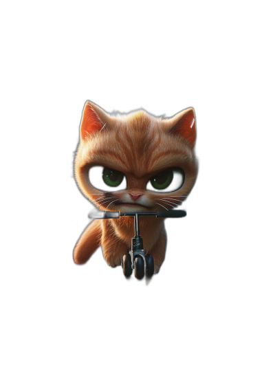 Cute cat with green eyes riding on a scooter, in the style of Pixar, on a black background, with a cute cartoon character design, at a high resolution, rendered with octane, in 3D.