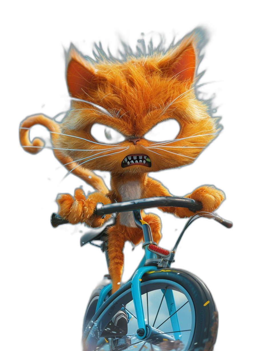 Cute fluffy orange cat with black eyes riding on a blue bike, with an angry face, in the style of Pixar, on a black background, as high resolution digital art