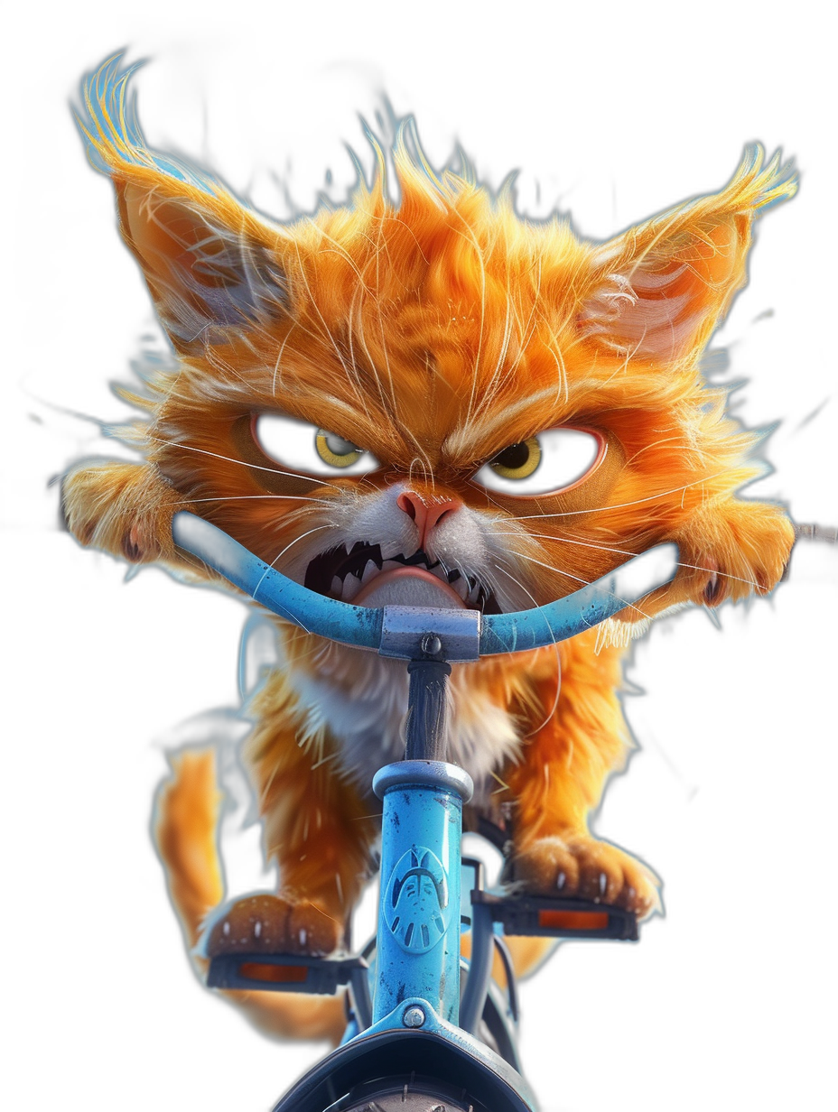 angry cute orange cat with blue handlebar on the bike, black background, digital art in the style of Disney Pixar studio, cinematic light effects, high resolution, super detailed