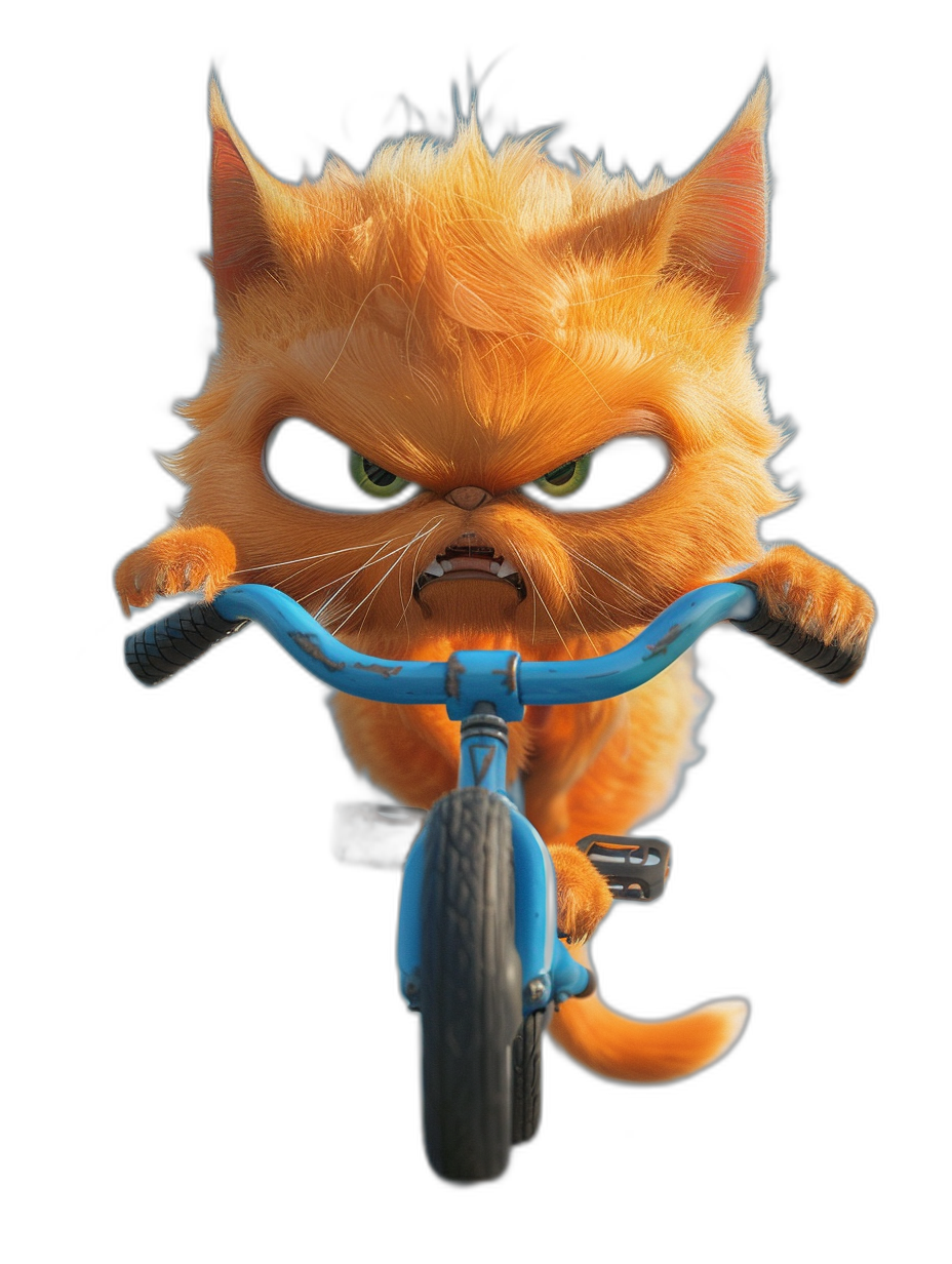 Cute fluffy orange cat with black eyes, riding a blue bike on the street, with an angry face, in the style of Pixar cartoon character design, on a solid background, high resolution, high detail, high quality