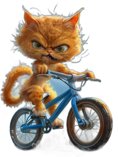 realistic digital illustration of an angry ginger cat riding a blue bicycle against a black background, full body portrait in the style of Disney Pixar.