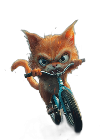 realistic digital illustration of an angry orange cat riding a blue bicycle, black background, in the style of Rockstar Games, Pixar and Disney animation, high resolution