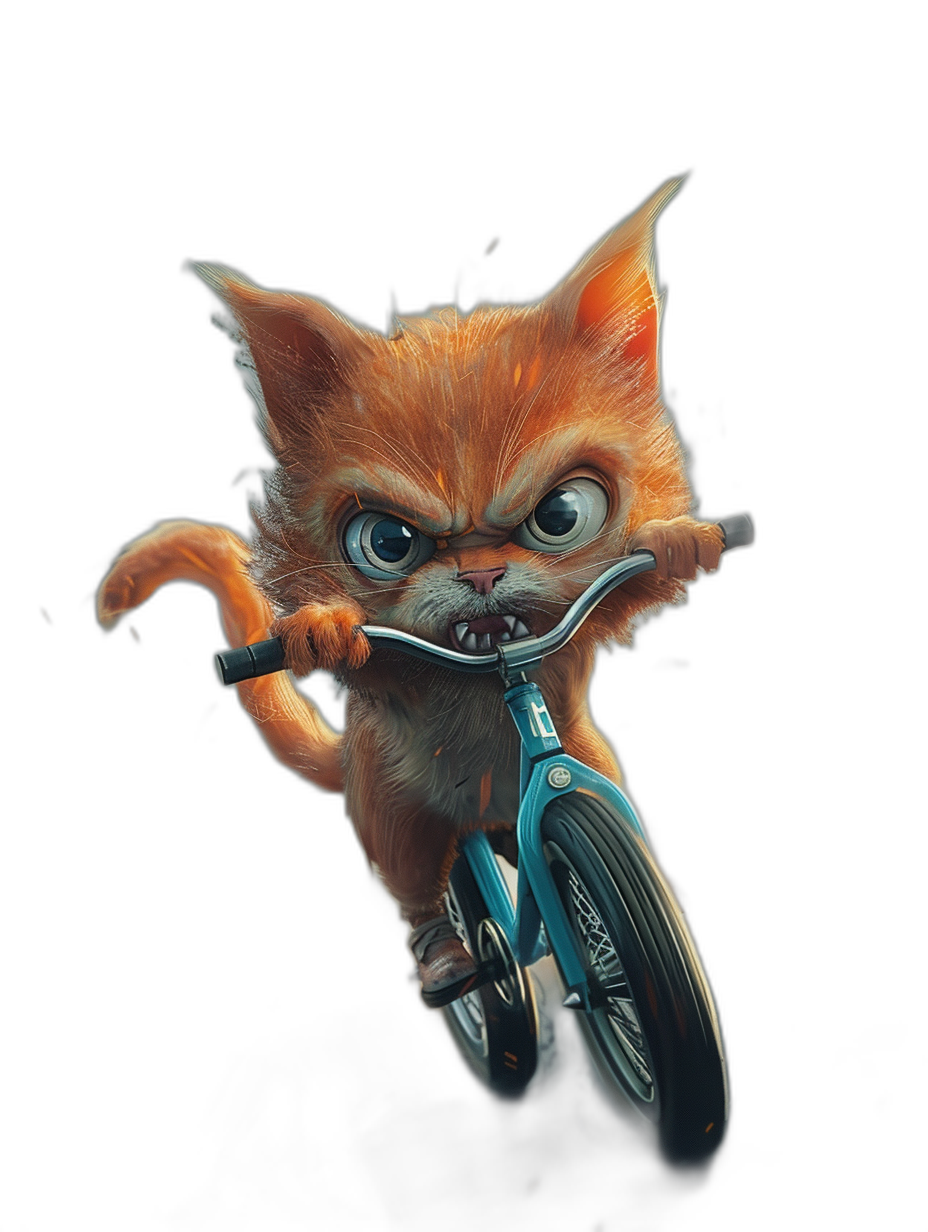 realistic digital illustration of an angry orange cat riding a blue bicycle, black background, in the style of Rockstar Games, Pixar and Disney animation, high resolution