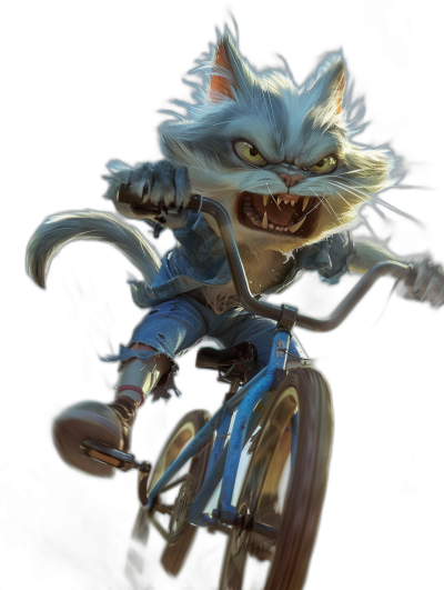 character design of an angry and crazy cat riding on a bike, black background, fantasy style, concept art in the style of M.W foil art, highly detailed, hyper realistic, cinematic lighting, octane render, in the style of [Greg Rutkowski](https://goo.gl/search?artist%20Greg%20Rutkowski)