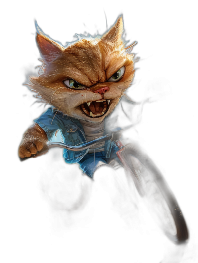 realistic digital fantasy illustration of an angry ginger cat wearing blue jeans and white shirt, riding on a bicycle with a black background, in the style of Pixar, fantasy art, concept art for a videogame called "The Cat & the Cool crowd"