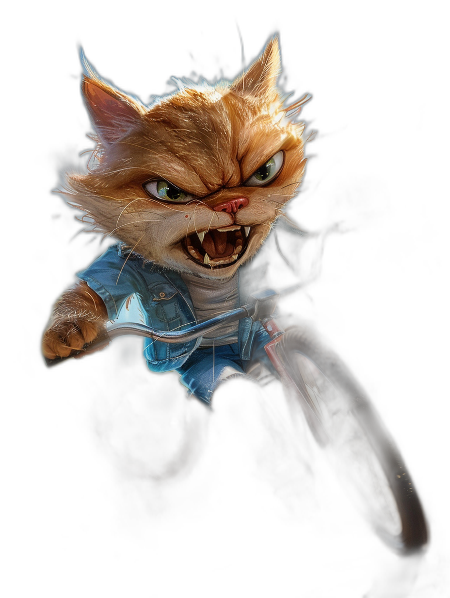 realistic digital fantasy illustration of an angry ginger cat wearing blue jeans and white shirt, riding on a bicycle with a black background, in the style of Pixar, fantasy art, concept art for a videogame called “The Cat & the Cool crowd”