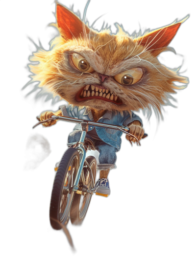 angry cat character, by [Ralph Bakshi](https://goo.gl/search?artist%20Ralph%20Bakshi) and David [Jamie Hewlett](https://goo.gl/search?artist%20Jamie%20Hewlett) and [Brian Froud](https://goo.gl/search?artist%20Brian%20Froud), riding bike , dynamic pose, chibi style, hyper realistic, fantasy, black background, high resolution