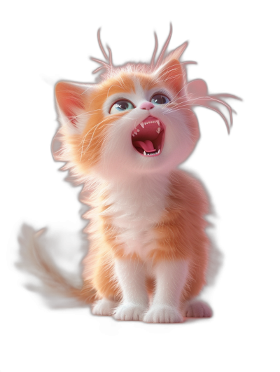 A cute Pixar kitten character, ginger and white with long hair blowing in the wind, meowing with its mouth open in front view against a black background with light coming from the top left.