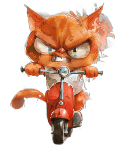 A cute orange cat with an angry expression rides on a scooter against a black background in the watercolor style. The artwork is in the style of Pixar and Disney with a high resolution digital art style.